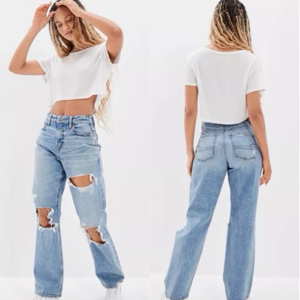 American Eagle Outfitters Light Blue Straight Leg Ripped Jeans